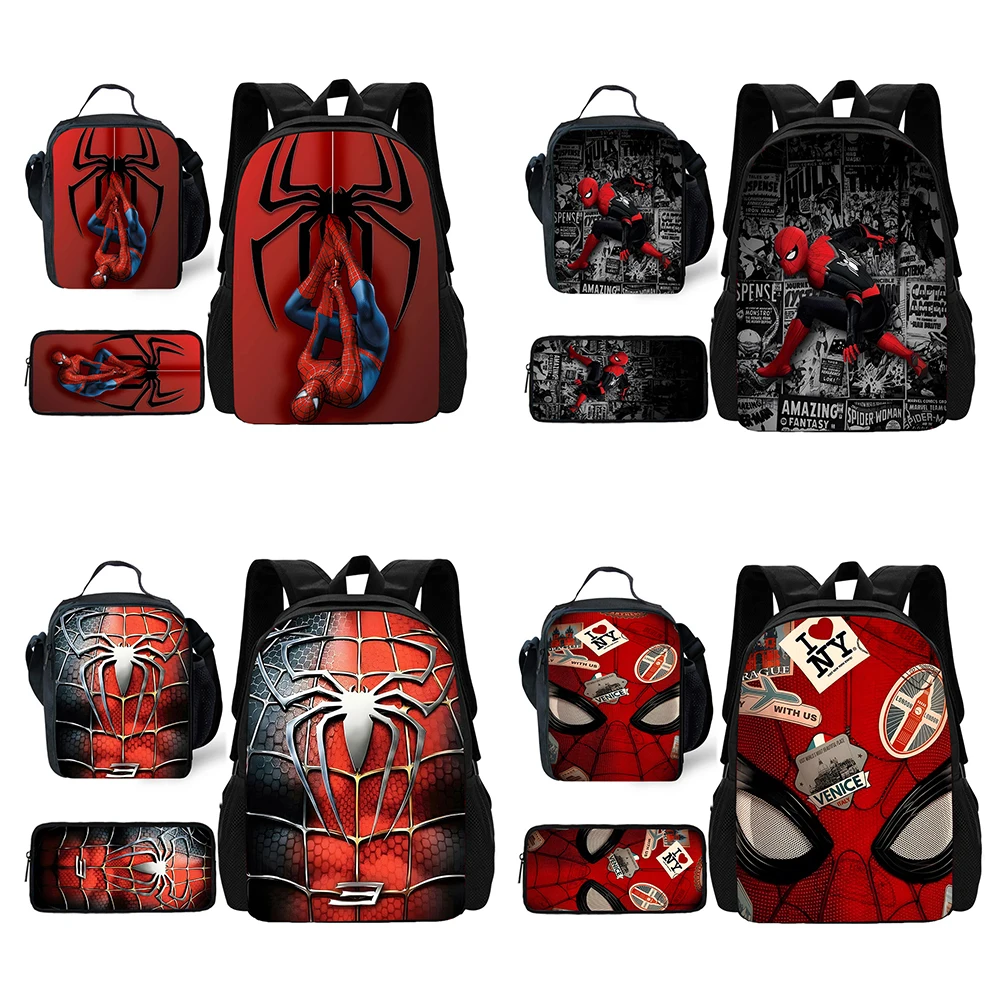 Child Cartoon Spiders-man School Backpack with Lunch Bags ,Pencil Bags ,School Bags for Boys Girls Best Gift