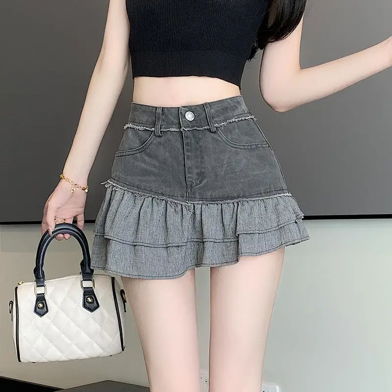 Denim Short Skirt With Raw Edge And Ruffle Design A-Line Skirt For Women Summer American Hot Girl Skirt For Small People