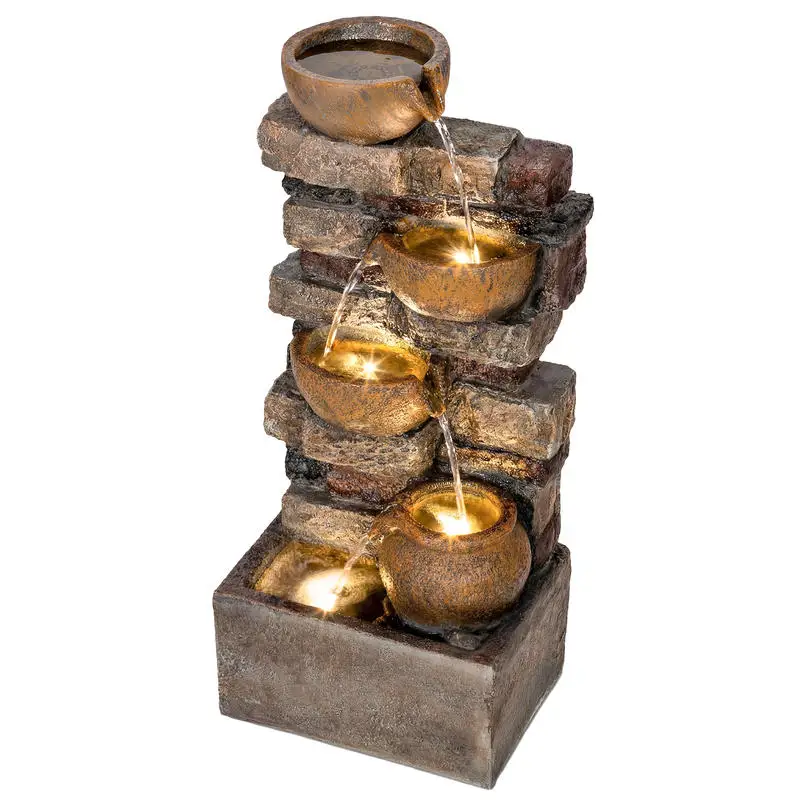 

28" Outdoor Fountain with 5-Tier Rustic Jugs, Cascading Waterfall with LED Lights, Adjustable Flow, Rustic Brown
