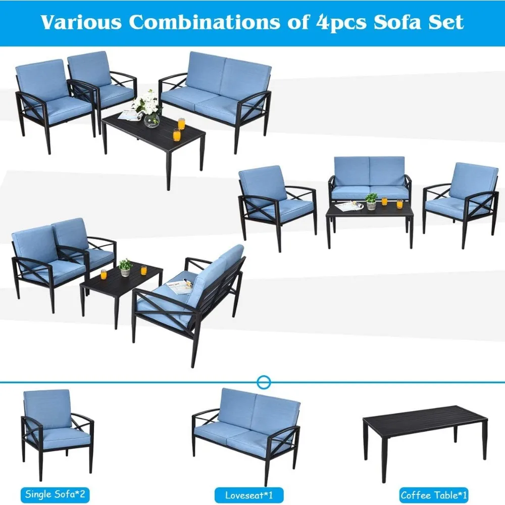 Conjunto de conversación de Patio de aluminio para exteriores, sofá de Patio al aire libre, 1 de dos plazas, 2 sofás individuales, 1 mesa de centro, acolchado