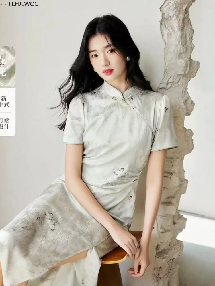 Cheongsams สไตล์จีนคอปกภาษาฝรั่งเศสคําออกแบบผู้หญิง Vestidos 2025 ฤดูร้อน Retro Vintage ปุ่มชุดเสื้อสีเขียว