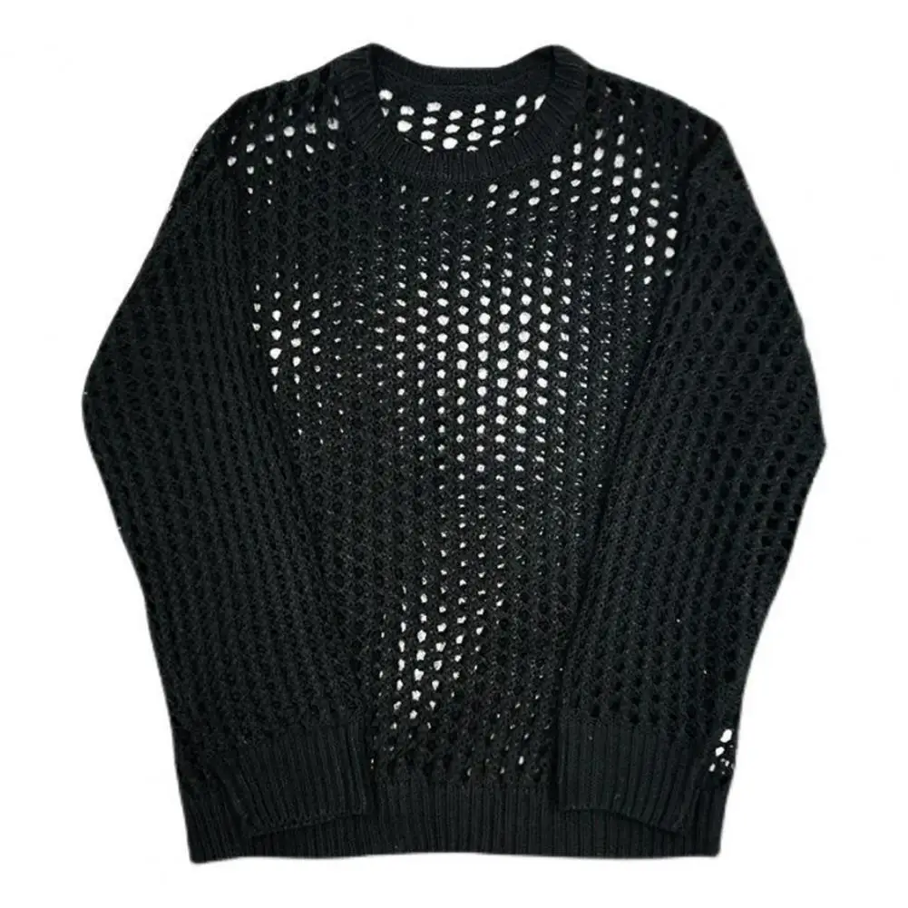 Chemise en résille à col rond pour hommes, haut monochrome, pull transparent à manches longues, haut Hip Hop confortable, vêtements en maille,