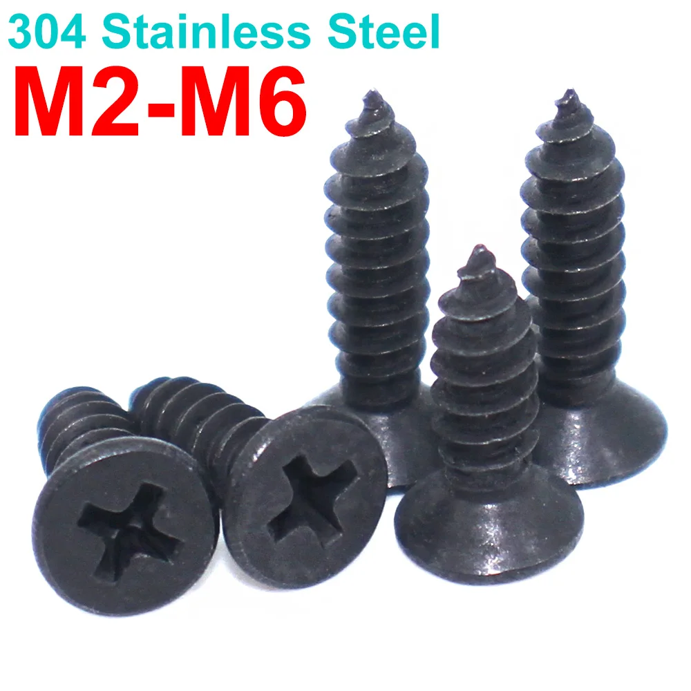 20/50/100PCS M2 M2.6 M3 M4 M5 M6304 Stainless Steel Phillips Countersunk Flat Head Self Tapping Wood Screws KA Black Zinc Screw