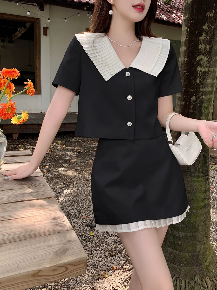 Summer Small Fragrant French Ruffles Patchwork Chic Peter Pan Collar Jacket+Slim Mini Skirt Suits 2 Pieces Sets Women\'s Outfits