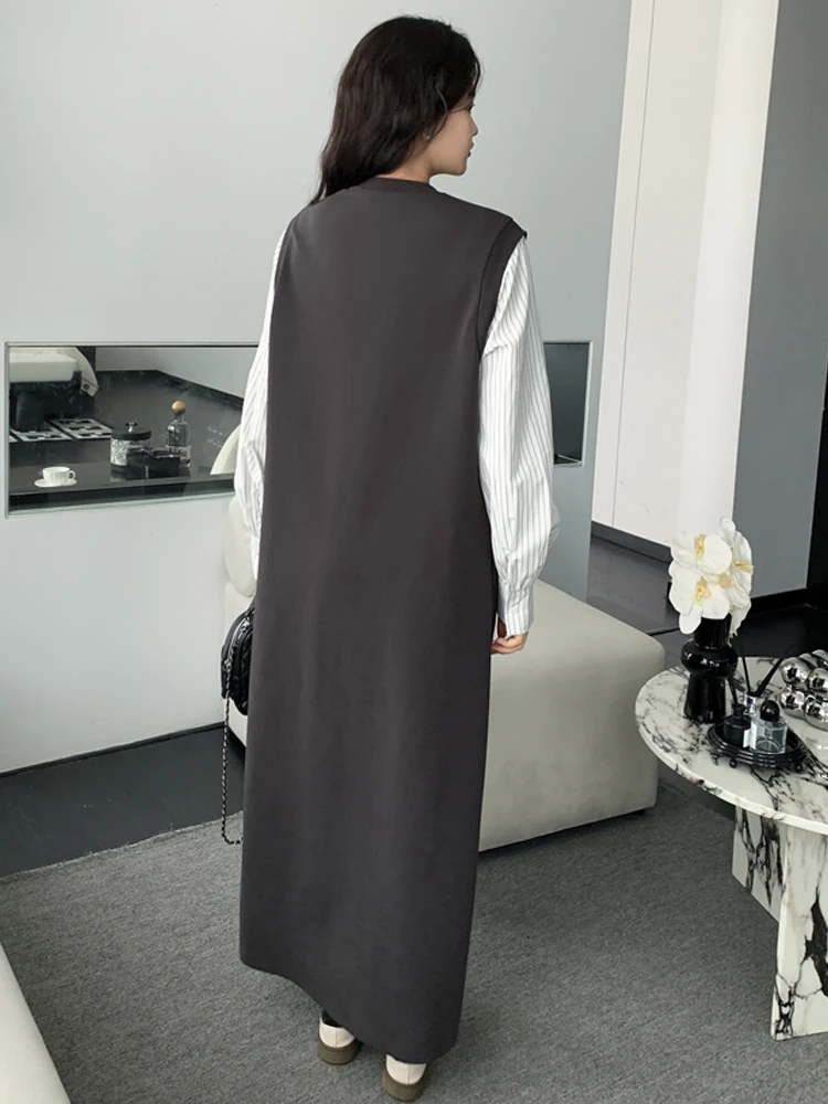 NYFS 2025 خريف جديد رمادي مخطط قطعتين وهمية فستان طويل فضفاض حجم كبير ملابس خارجية رداء للنساء Elbise #4