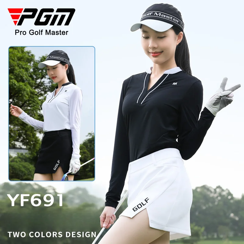 

PGM Women Long Sleeve V-neck Ladies Summer Golf Shirt Thin Breathable Ice Silk Tops Golf T-shirt Sunscreen Anti-Uv Sports Jersey