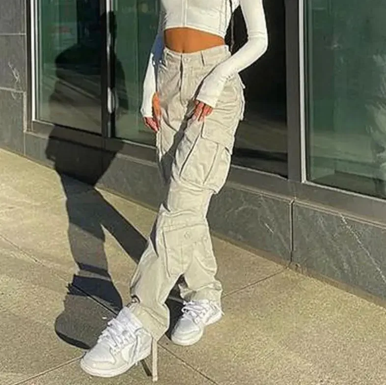 

Women's Y2K High Rise Baggy Straight Leg Cargo Pants Streetwear Casual Boyfriend Trousers with Pockets