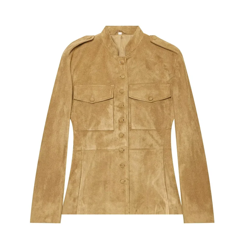Guobioziy 2026 Women's Jacket Fall New Arrival Camel Long Sleeve Button-Decorated Slim Fit Parka Jacket Trendy and Stylish