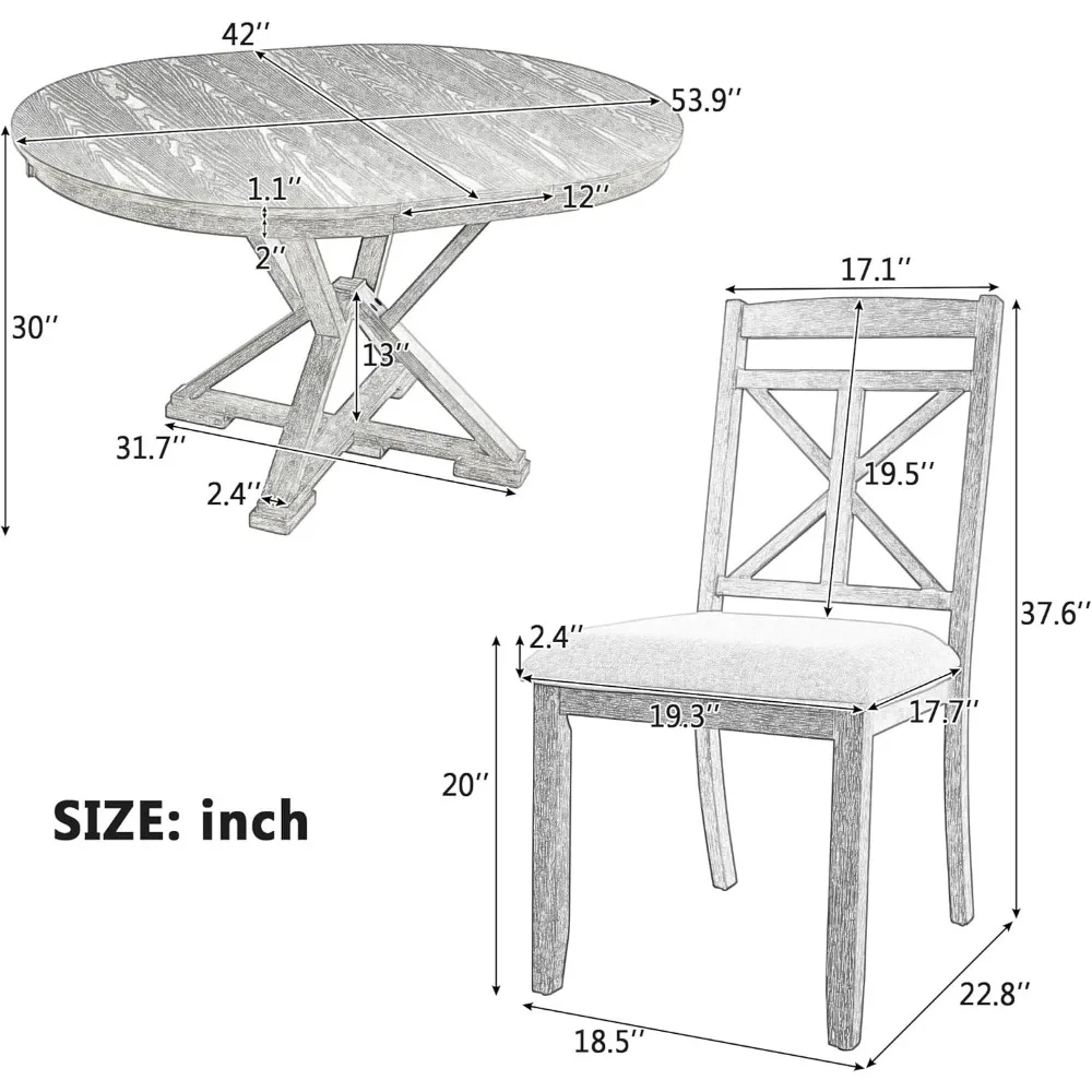 طقم طاولة طعام مستديرة قابلة للتمديد مكون من 5 قطع مع 4 كراسي منجدة