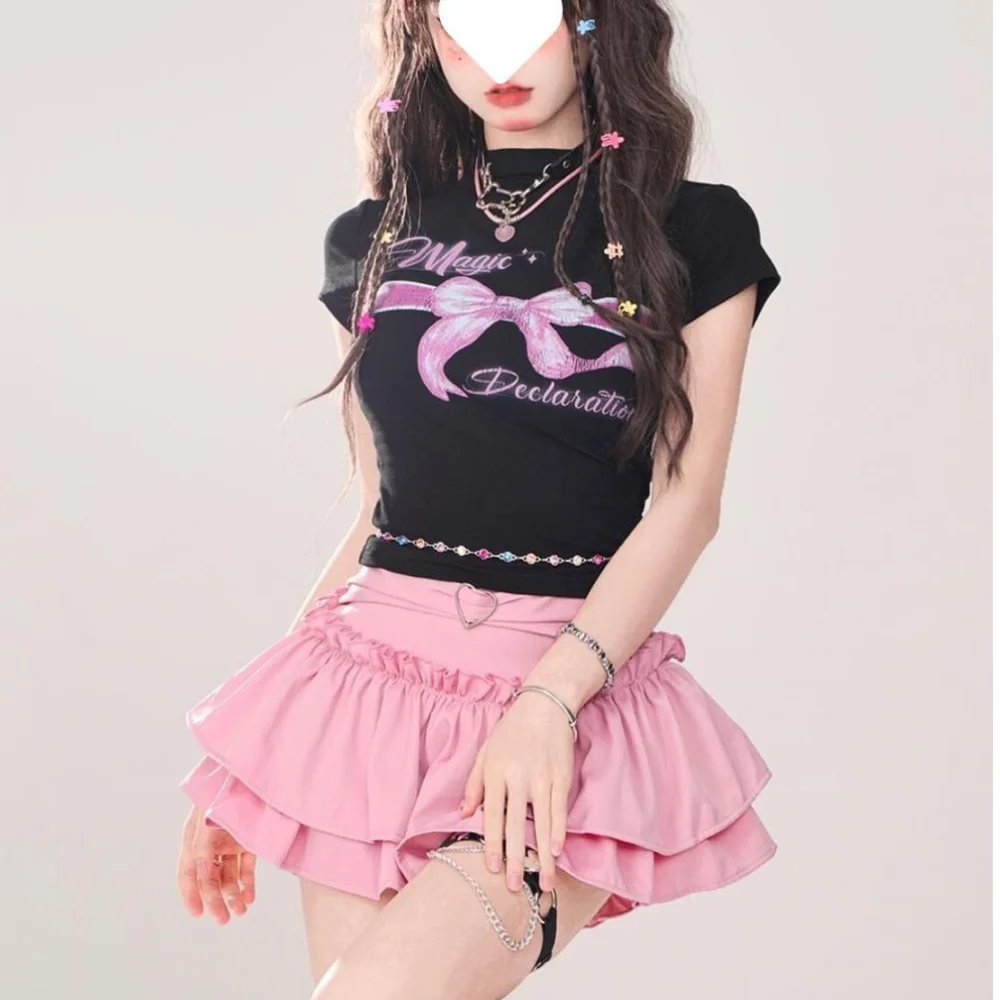 Koreaanse Japanse Ruches A-Line Rok Hoge Taille Roze Mini Geplooide Rokken Sweet Style Black Party Rokken Vrouwen