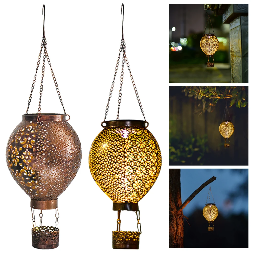 Solar Decorative Night Light Iron Hanging Hot Air Balloon Lamp IP55 Waterproof LED Projector Lamp for Indoor Outdoor Garden Yard