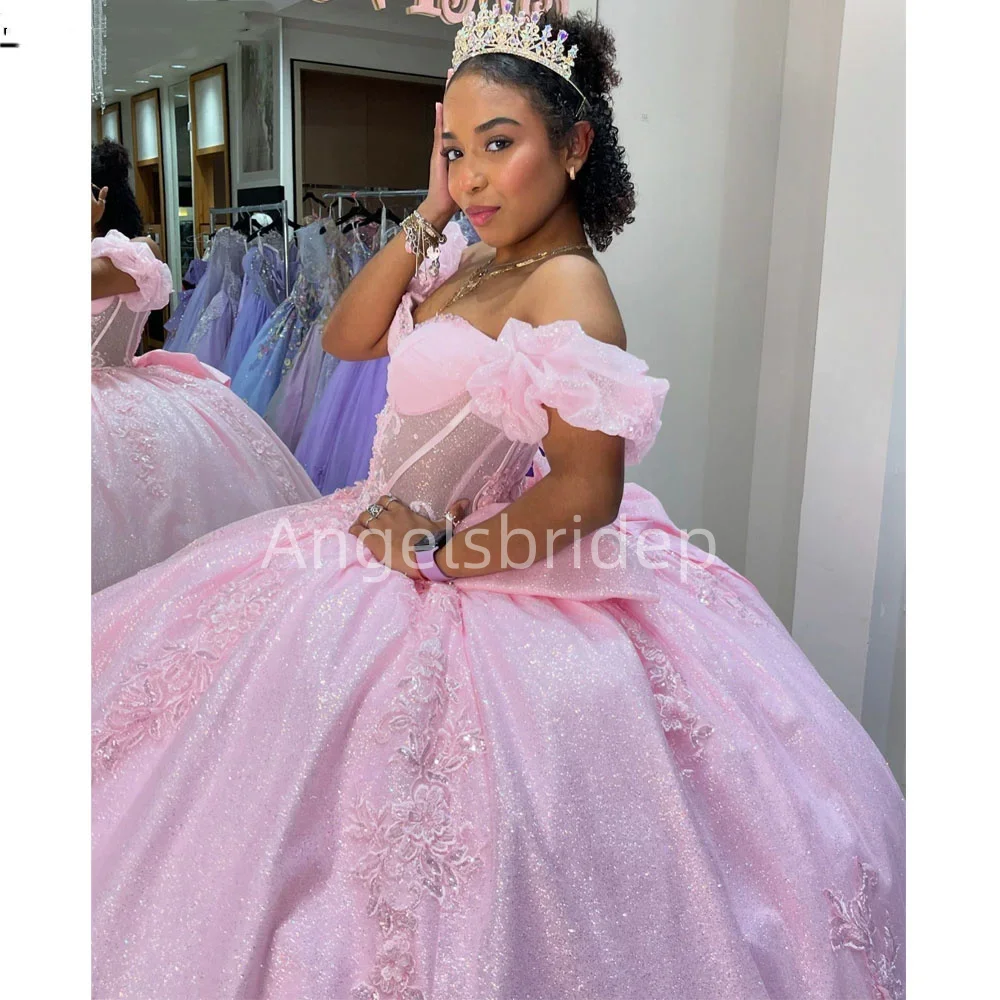 Angelsbridep Customized Glitter Tulle Pink Ball Gown 15 Year Old Quinceanera Dresses 2025 Appliques Off Shoulder Evening Dress