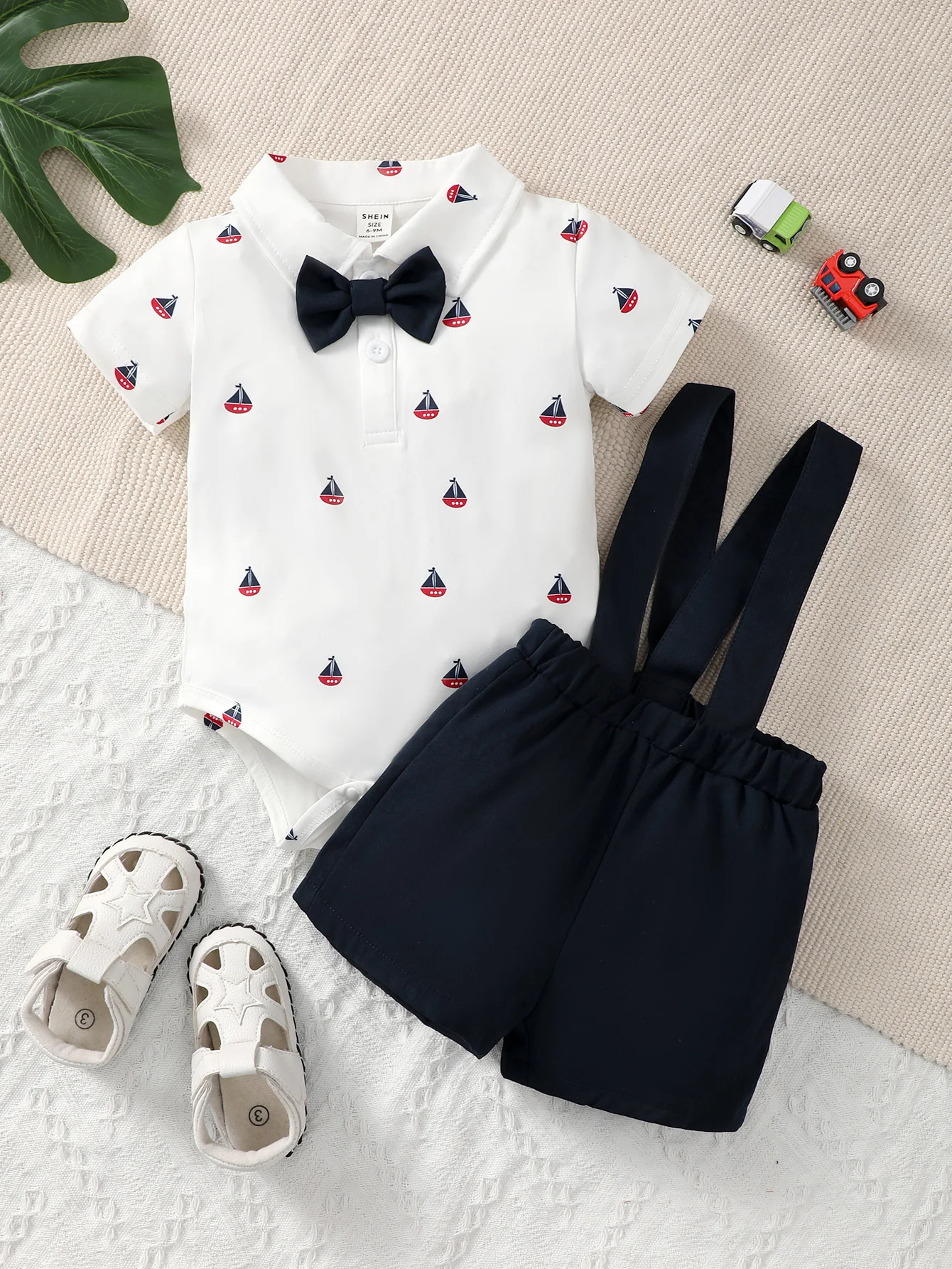 Baby Boy Party Formal Summer White Short-Sleeved Polo Tie Bow Tie Triangle Dress Black Suspenders Fashion Cute Two-Piece Suit