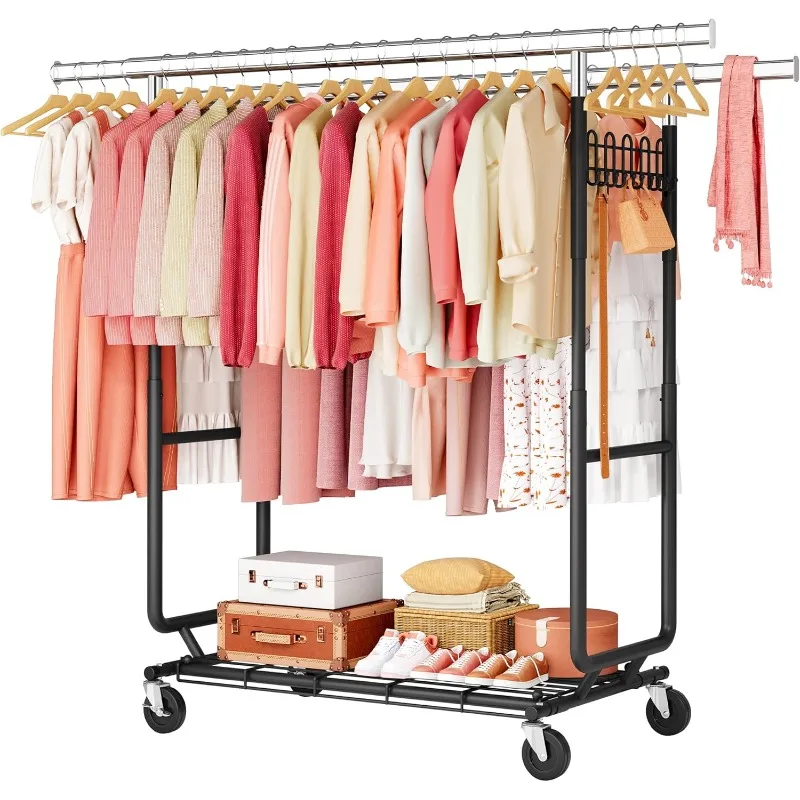 

Hoctieon 2-Minute Assembly Double Rod Clothes Rack, Heavy Duty Rolling Clothing Racks with Wheels, Foldable Commercial Garment R