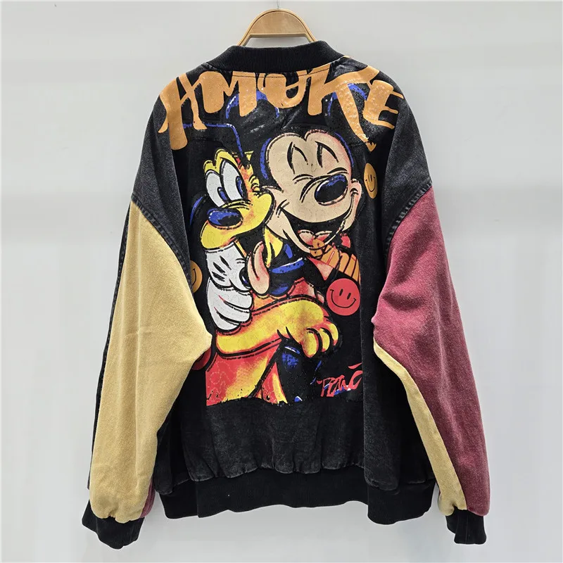 

Autumn and winter fashion anti-aging splicing contrasting cartoon print jacket, loose and trendy baseball jacket, zipper jacket