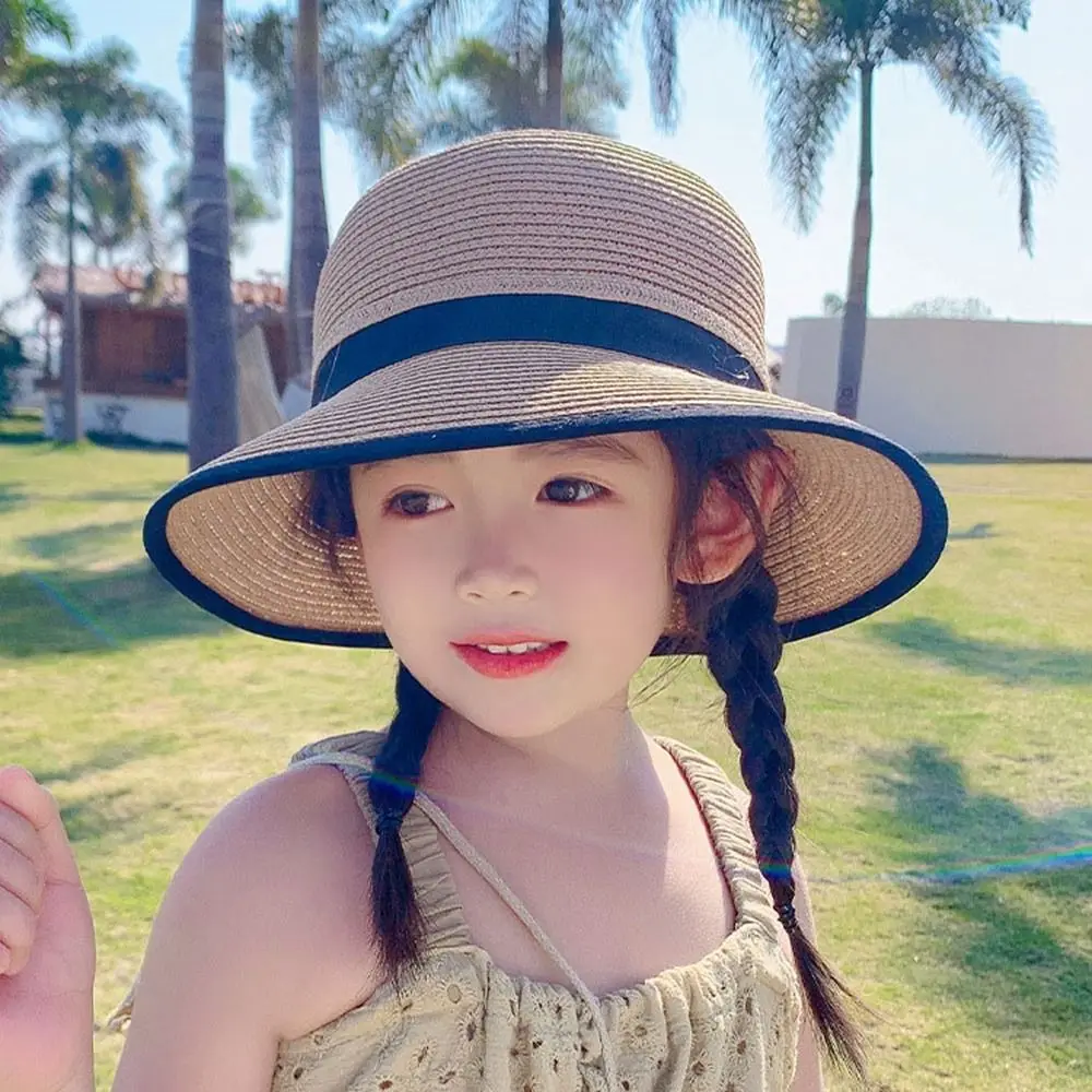 Spring Summer Children Baby Girl Straw Plaited Bucket Hat Beach Holiday Round Top Outdoor Bow Sun Block Hat Cap for Kids Girls