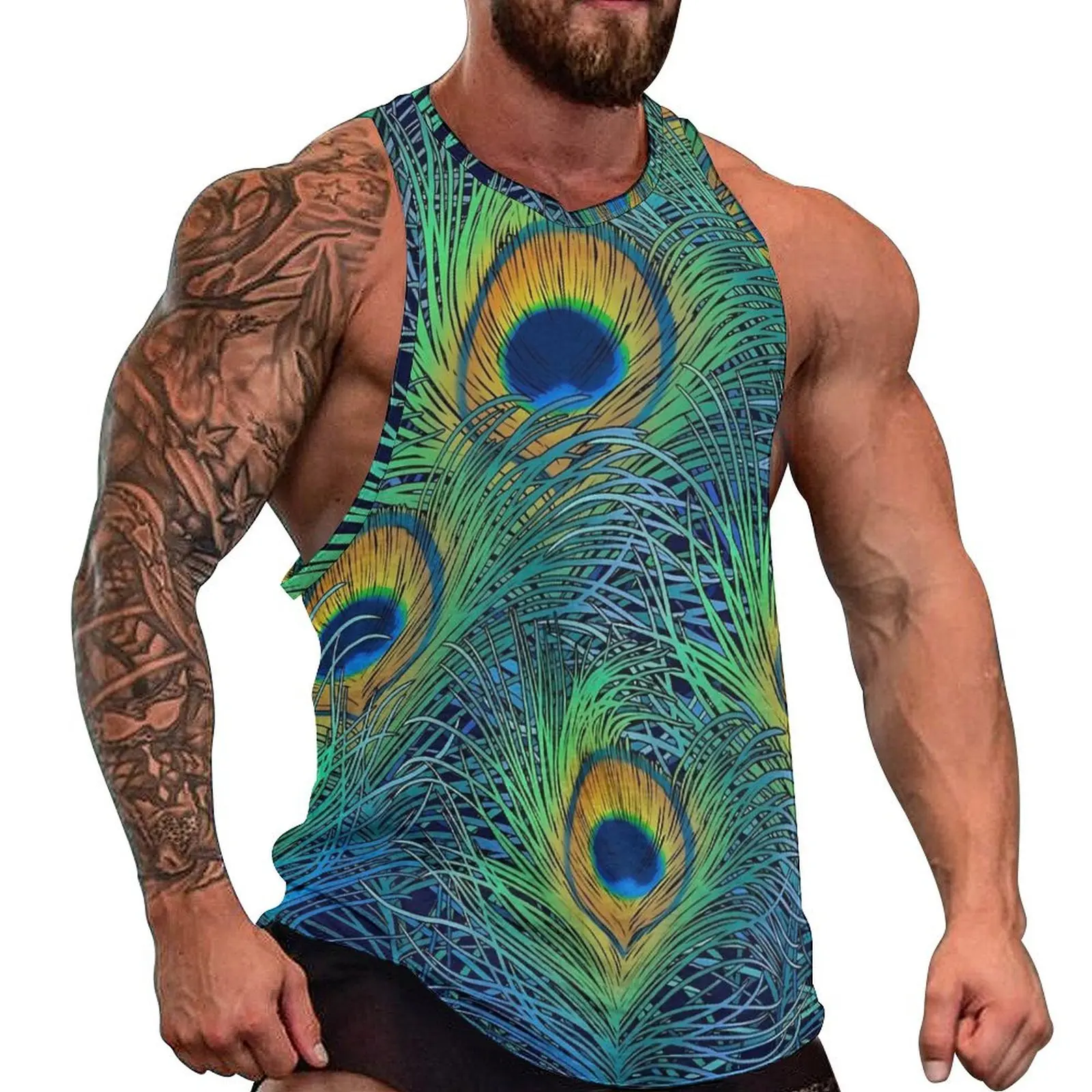 Colorful Peacock Print Tank Top Man's  Trendy Tops Beach Training Graphic Sleeveless Shirts Big Size