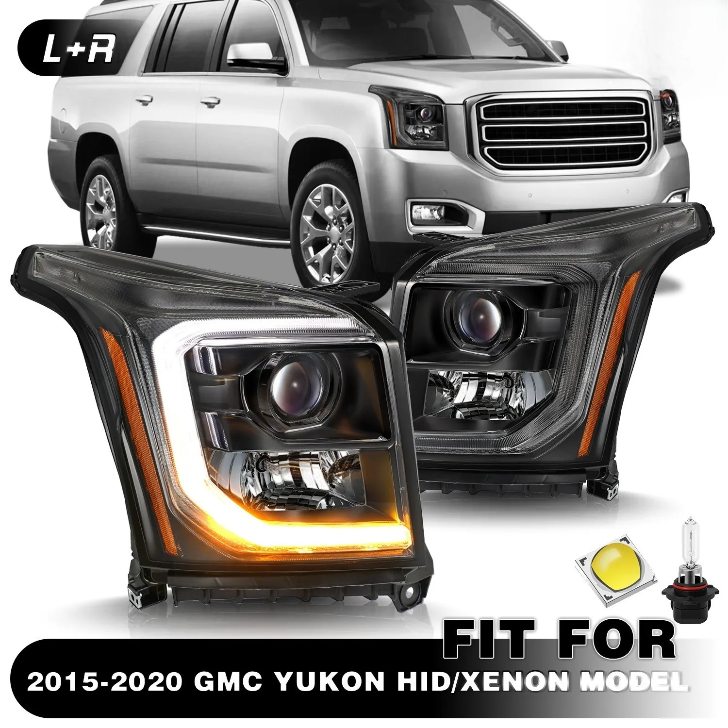

Black [HID]For 2015-2020 GMC Yukon XL LED DRL Projector Headlights Headlamp L+R