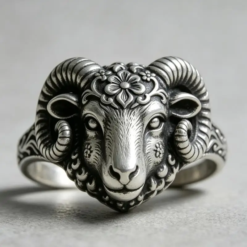 Vintage Silvery Ram Head Ring, Carved Flower Aries Ring, Gothic Animal Punk Jewelry, Dainty Gift for Men Women Party Accessorie