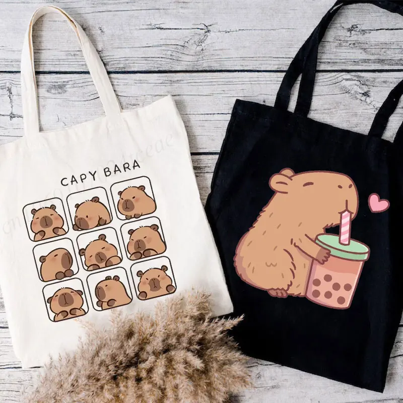 Women Handbags Cute Capybara Loves Bubble Tea Print Canvas Bag Vintage Fashion Tote Bags Trend Side Beach Bag for Ladies Totes