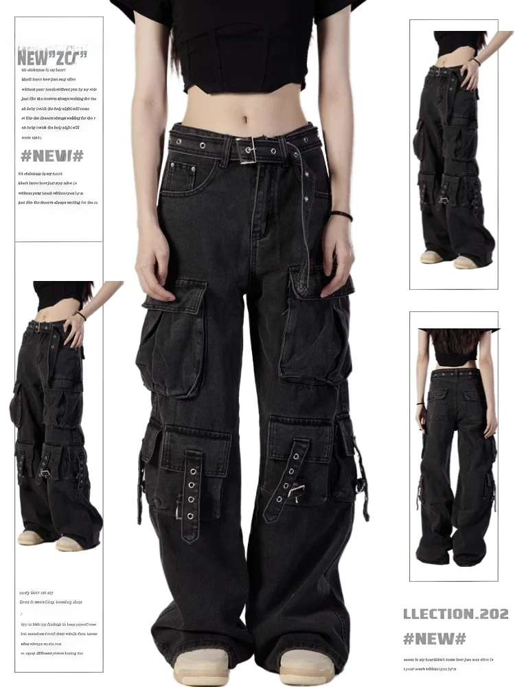 

Новые женские джинсы с высокой талией и широкими штанинами, черные, облегающие, свободные, в стиле карго, весна 2025, с множеством карманов, из денима с эффектом потертости