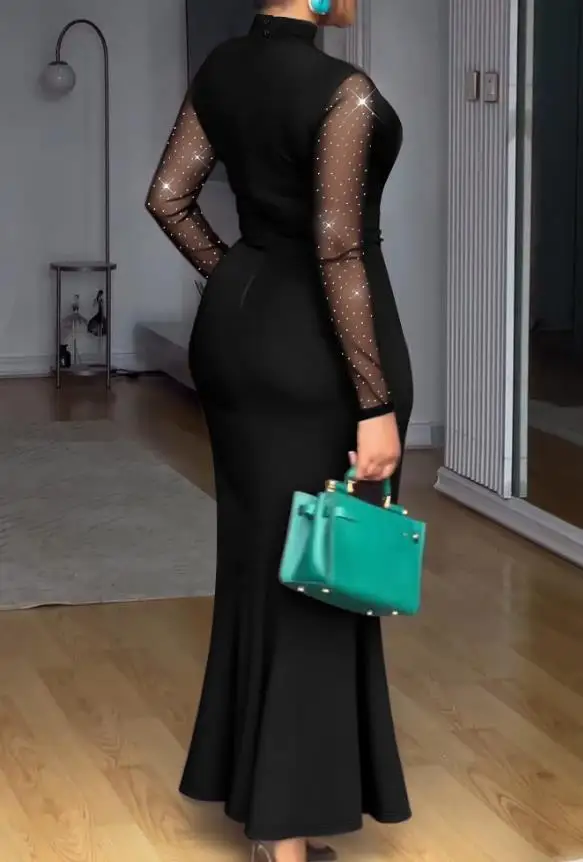 

Women's Dress Rhinestone Decor Mock Neck Mesh Yoke Zipper Back Party Dress Cinched Waist Draped Mermaid Hem Maxi Evening Dress