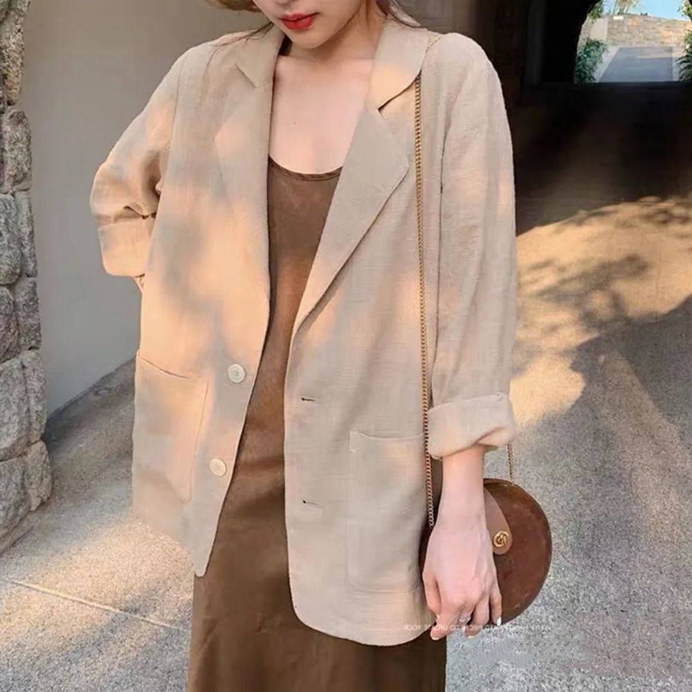 Mulheres algodão linho blazer 2025 novo verão longo terno jaqueta coreano casual verão terno topos jaqueta feminina elegante chique casaco