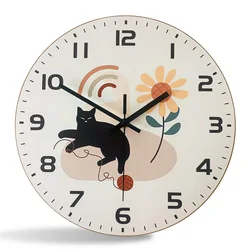 Simple Black Cat and Sunflower Pattern Wooden Wall Clock for Living Room, Bedroom, Kitchen, Home Decoration, Silent Quartz Clock, Holiday Gift, 10 Inches, 12 Inches (No Battery)
