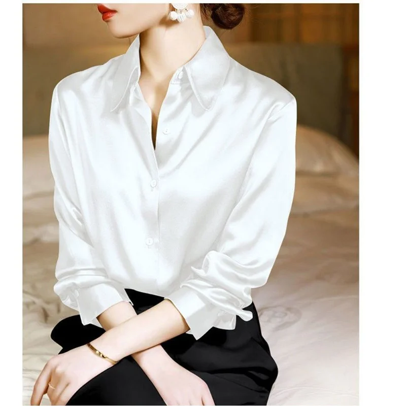 Fashion Button Up Satin Silk Shirt Vintage Blouse Female Loose Street Shirts Blusa Feminina Elegante Women Top Lady Long Sleeves