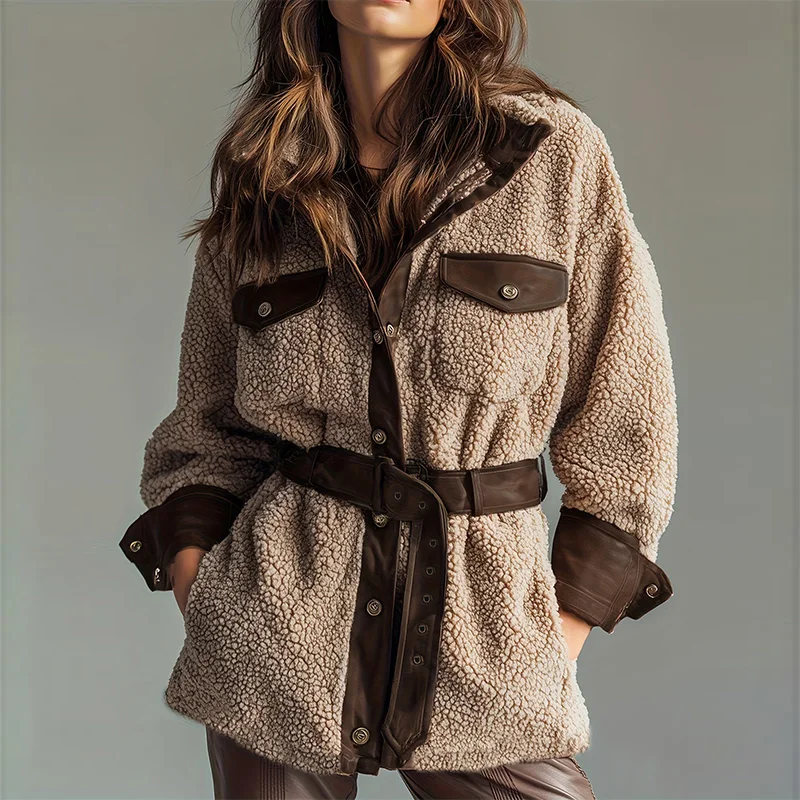 

Женское повседневное пальто из искусственной кожи с длинными рукавами и карманами, элегантное утепленное однотонное пальто из ягненка, модное лоскутное пальто с лацканами и пуговицами