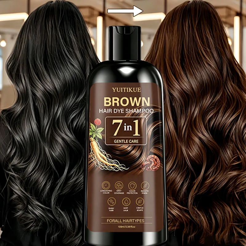 YUITIKUE 7 In 1 Brown Hair Dye Shampoo Ginseng Herbal Gentle Care Long Lasting Gray Coverage Moisturizing Hair Dye Shampoo 100ml