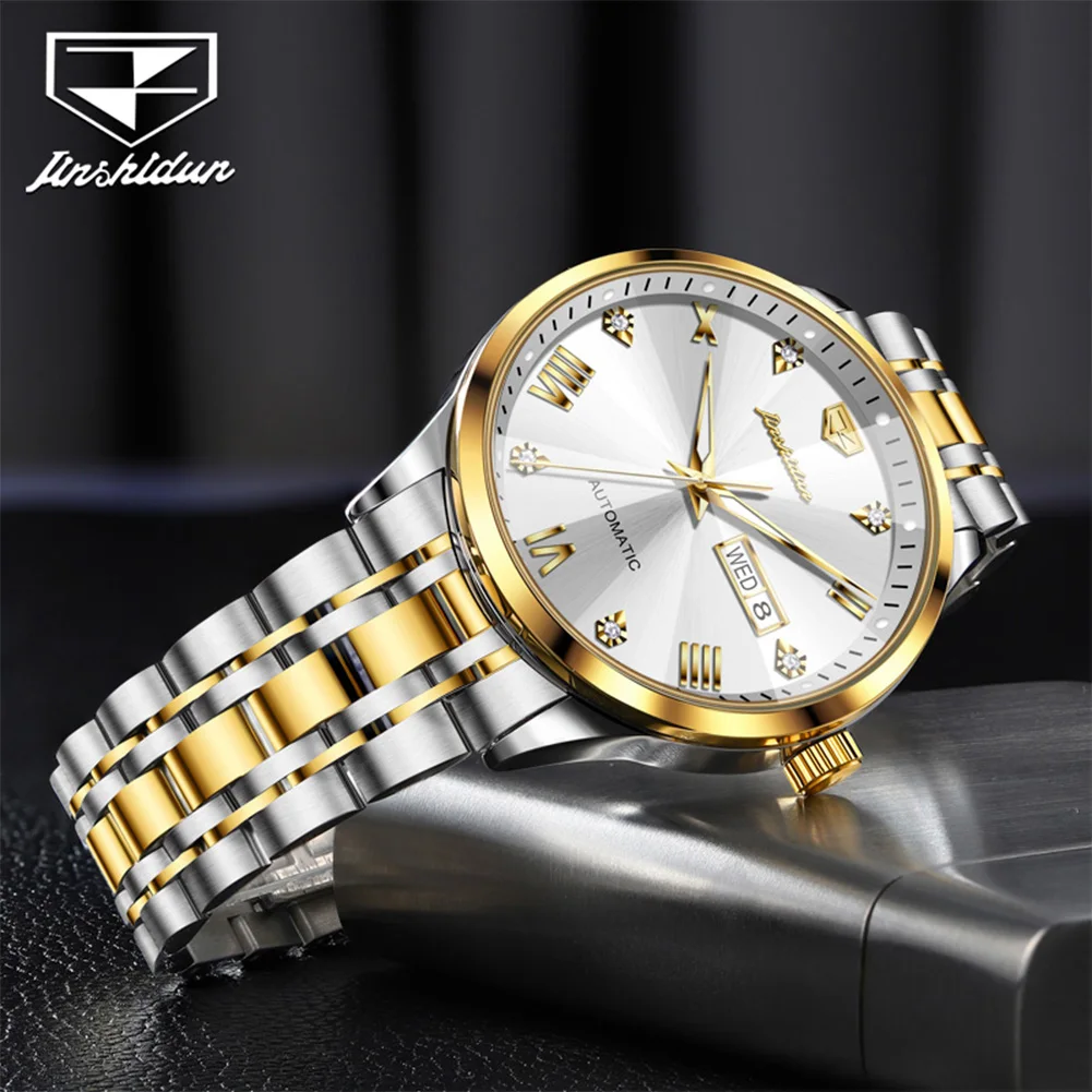 

JSDUN 8998 Business Automatic Mechanical Movement Men Watch Diamond Stainless Steel Night Light Daily Waterproof Luminous Watch