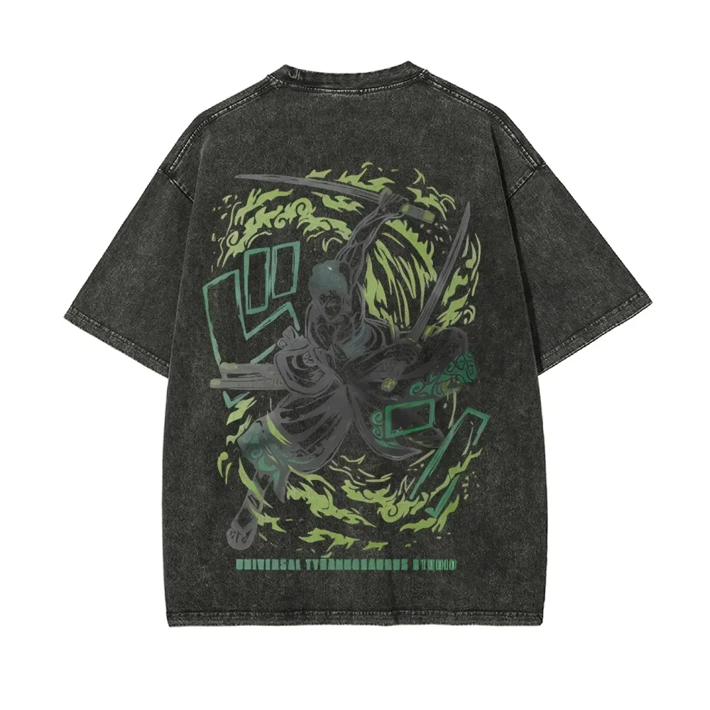 One Piece Herren- und Damen-T-Shirt im Used-Look, Roronoa Zoro Kleidung, Sommer Frühling Anime Vielseitiges T-Shirt, Retro Distressed Kurzarm