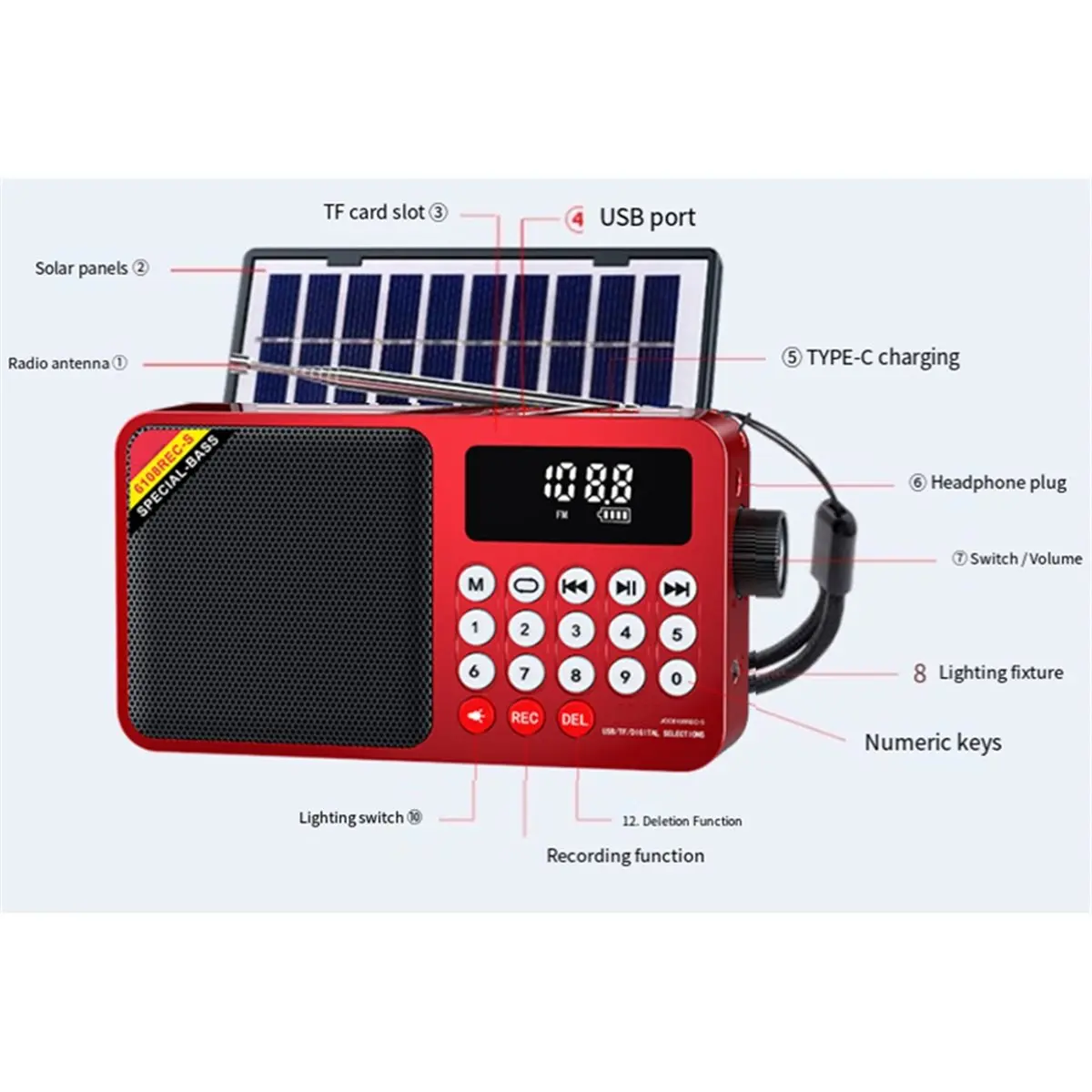 

Портативное FM-радио A23G на солнечной энергии, перезаряжаемая Bluetooth-колонка, USB MP3-плеер с функцией записи, светодиодный фонарь, FM-приемник B