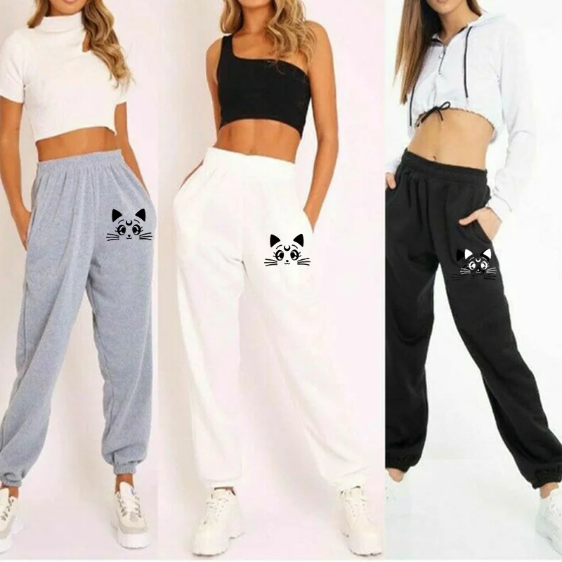 Pantalones de chándal con estampado de gato para mujer, pantalones holgados, Joggers informales para Fitness