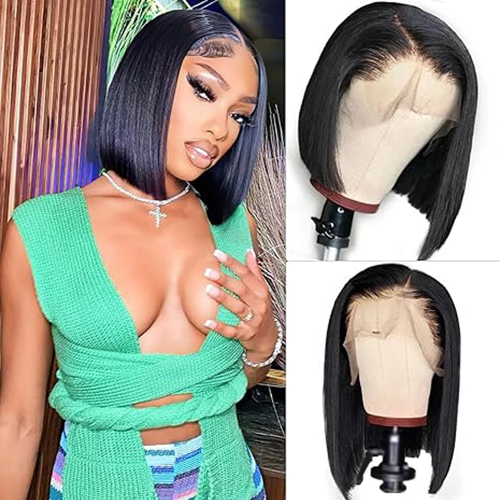 Bob Wig Human Hair 13x4 Lace Frontal Wigs Human Hair Pre Plucked with Baby Hair 180 Density for Women Natural Black 10 Inch