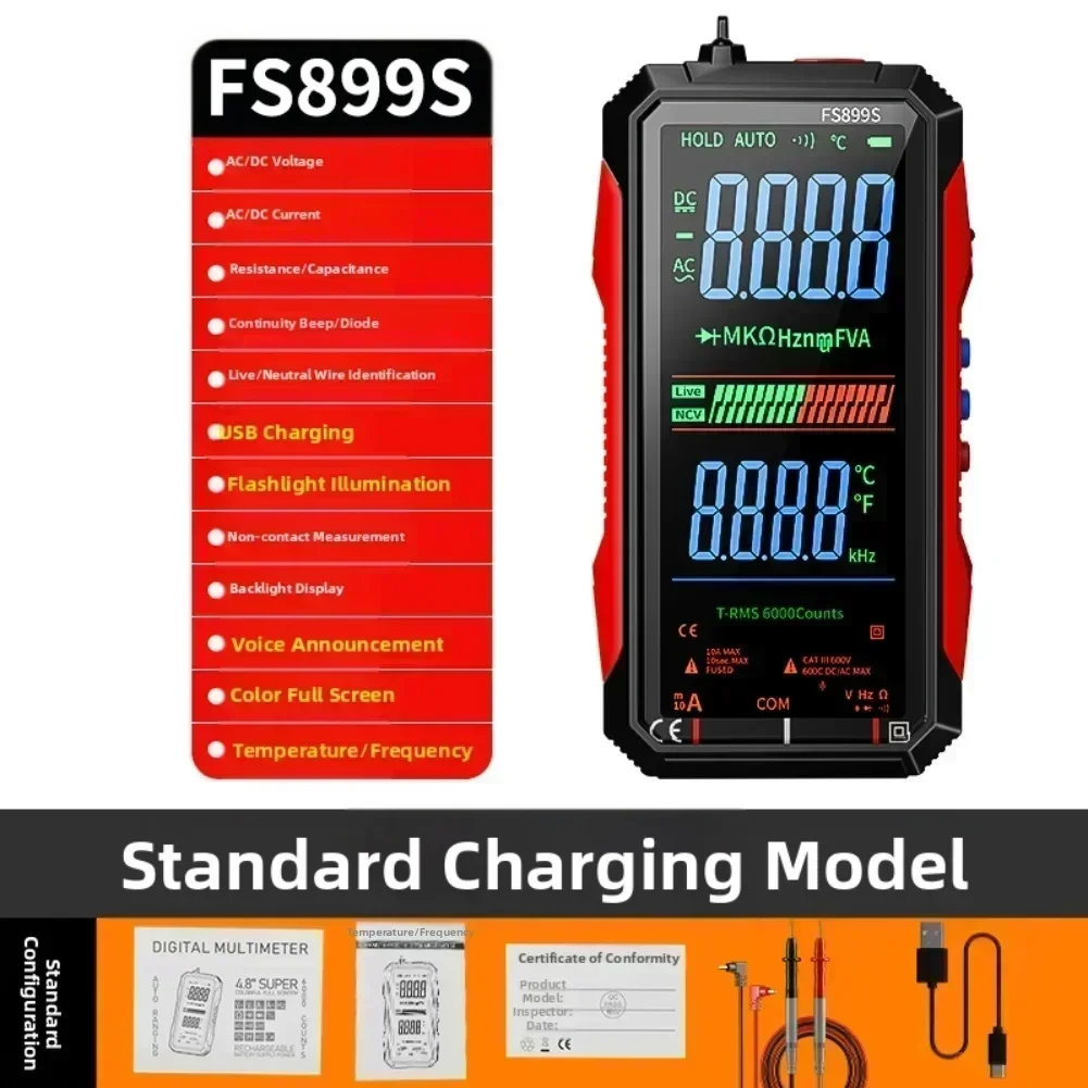Digital Multimeter True RMS AC DC Voltage Current Resistance Capacitance Frequency Tester With USB C Rechargeable Battery