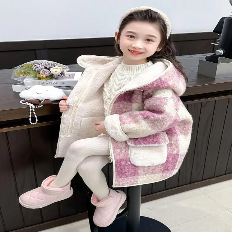 الفتيات الخريف الشتاء الدفء رشاقته معطف منقوشة مقنعين القمم معطف مريح موضة جديدة 7 إلى 12 سنة ملابس الأطفال