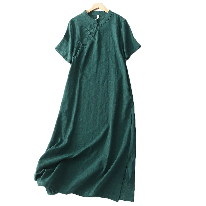 Robe longue décontractée en coton pour femmes, manches courtes, couleur unie, Vintage, Style chinois, vêtements élégants, été, 2023