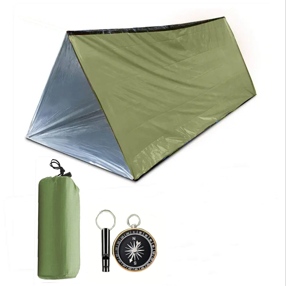  Outdoor emergency tent set with compass and whistle, wilderness survival camping set waterproof and portable 