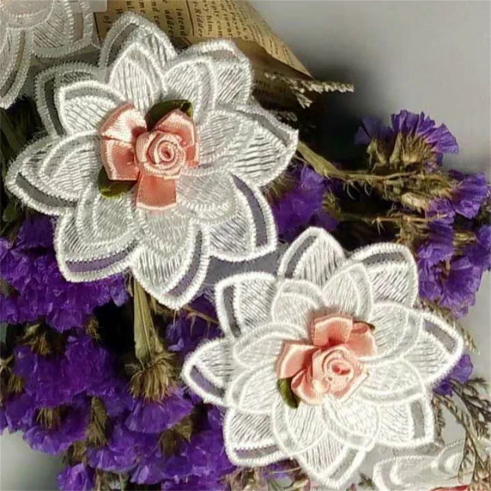 

New 1 yard 7cm Wide 3D White Cotton Hexagonal Flower Embroidered Lace Trim Ribbon Sewing Supplies Craft For Costumes Decoration