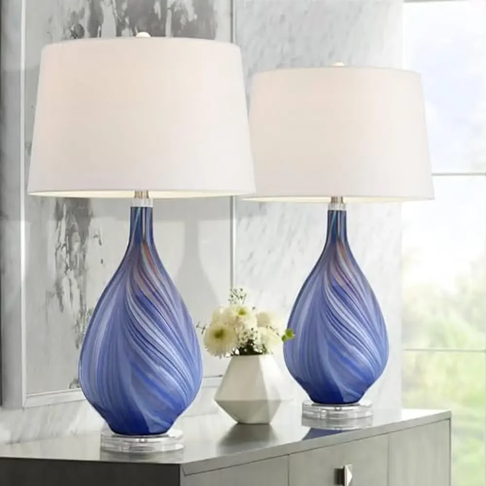 Coastal Blue Glass Teardrop Table Lamps Set of 2 White Fabric Shades(Cell)