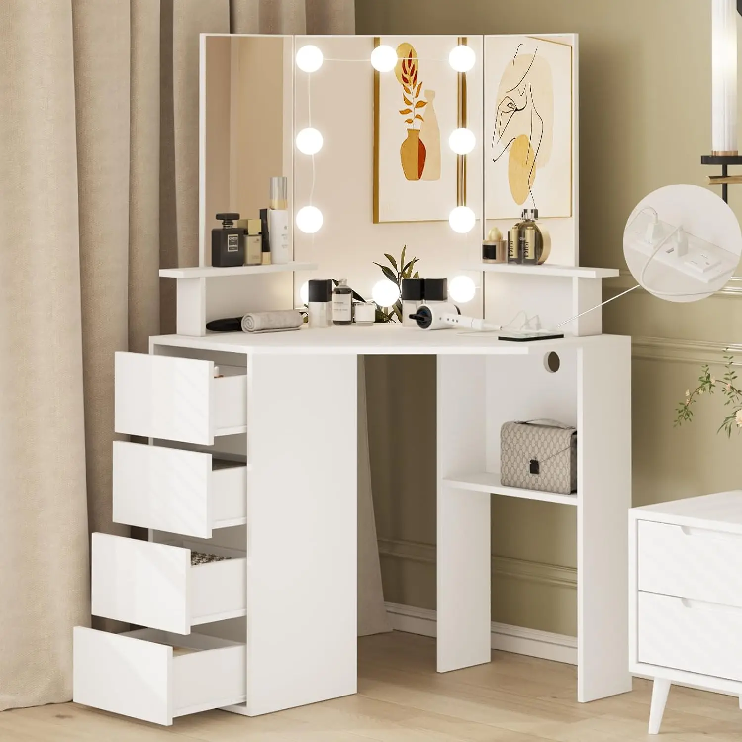 Corner Vanity Table with Lighted Mirror, Makeup Vanity Desk with Power Outlets, Makeup Dresser with 4 Drawers and Shelves,