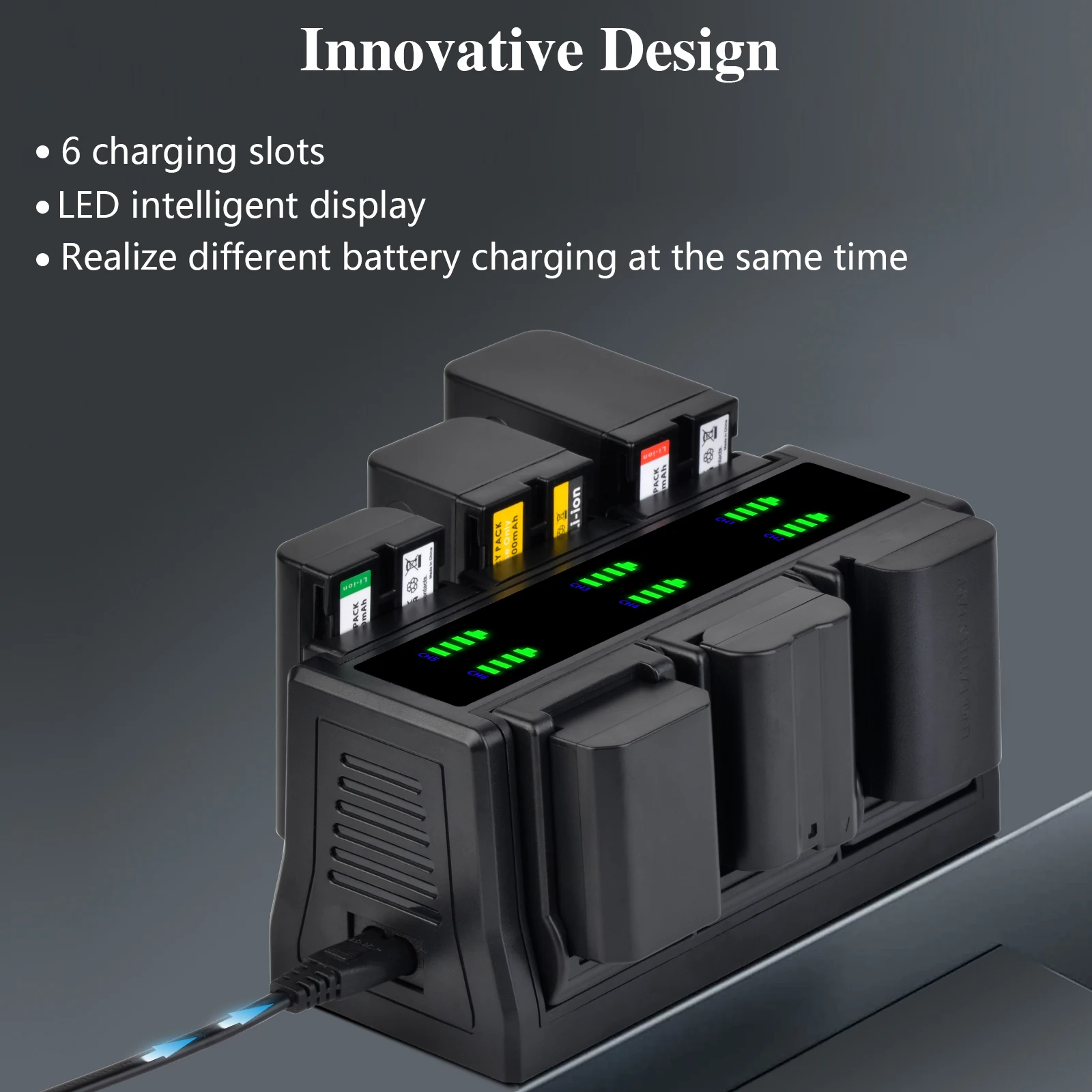 6-Channel Digital Camera Battery Charger Changeable Plate for Sony NP-F970 NP-F960 NP-F750 NP-FZ100 LP-E6 EN-EL15 NP-W235