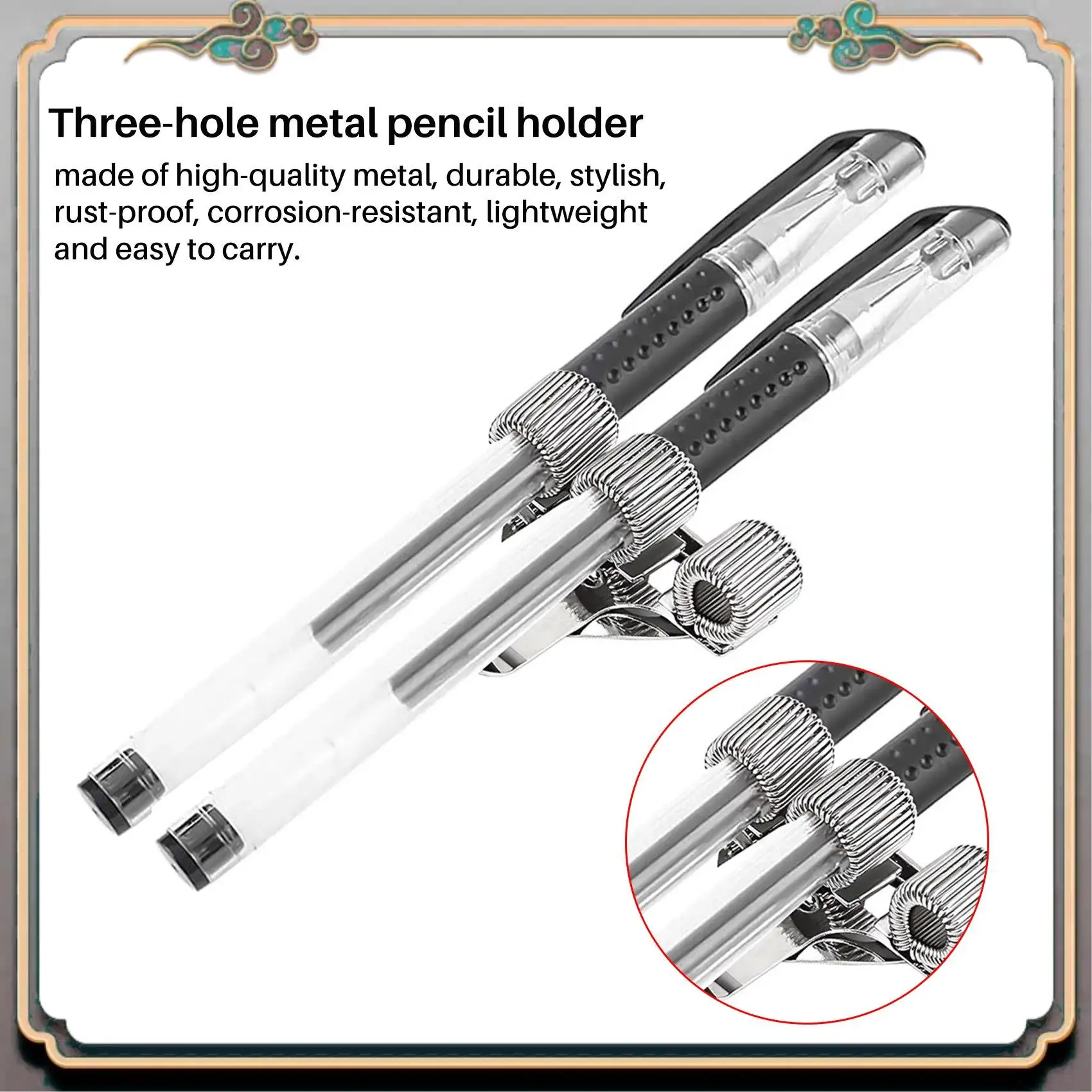 

Durable 6Pcs Pen Holder Bag Stainless Steel Pen Holder Clip Silver 3 Holes Pen Holder For Notebook At Home, Office