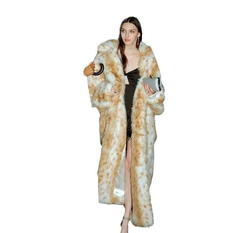 เสื้อโค้ทลายเสือดาวสำหรับฤดูหนาว  เสื้อแจ็คเก็ตขนสัตว์ที่เป็นมิตรต่อสิ่งแวดล้อม  เสื้อโค้ทขนสัตว์เทียมแบบมีปกสูทสำหรับผู้หญิง  ยาวคลุมเข่า