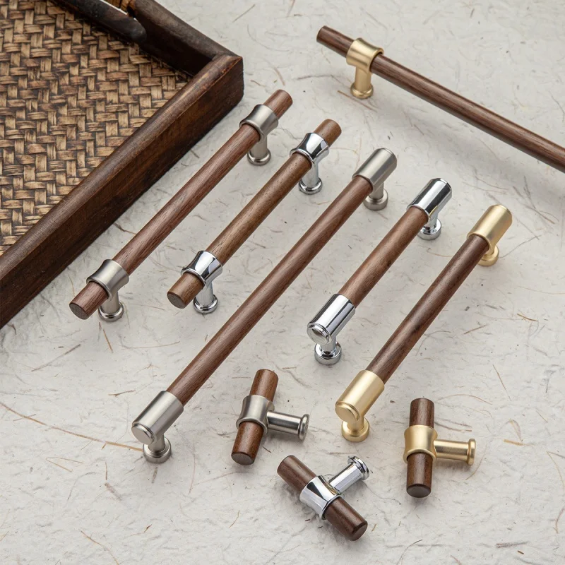Japanese Walnut Wood Cupboard Kitchen Cabinet Pulls Drawer Knobs Wardrobe Closet Dresser Pulls T Bar Door Knob Furniture Handles