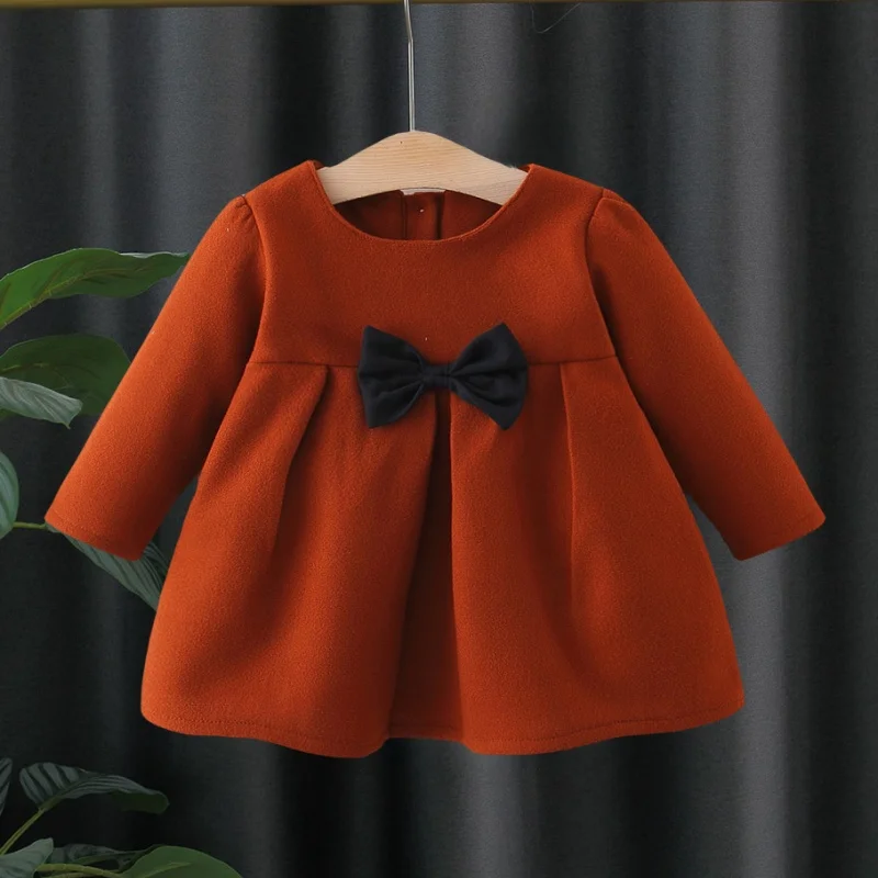 

Baby Dresses Spring And Autumn Bow Pattern Solid Color Long Sleeved Fluffy Girl Kid's Dress Cute Casual Princess Baby Girl Dress