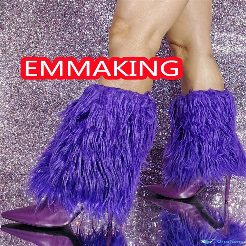 الأرجواني طويل ريشة أشار تو حذاء من الجلد 2024 موضة مثير المدرج رقيقة كعب الشتاء أحذية النساء أحذية الشتاء الجديدة حجم 44