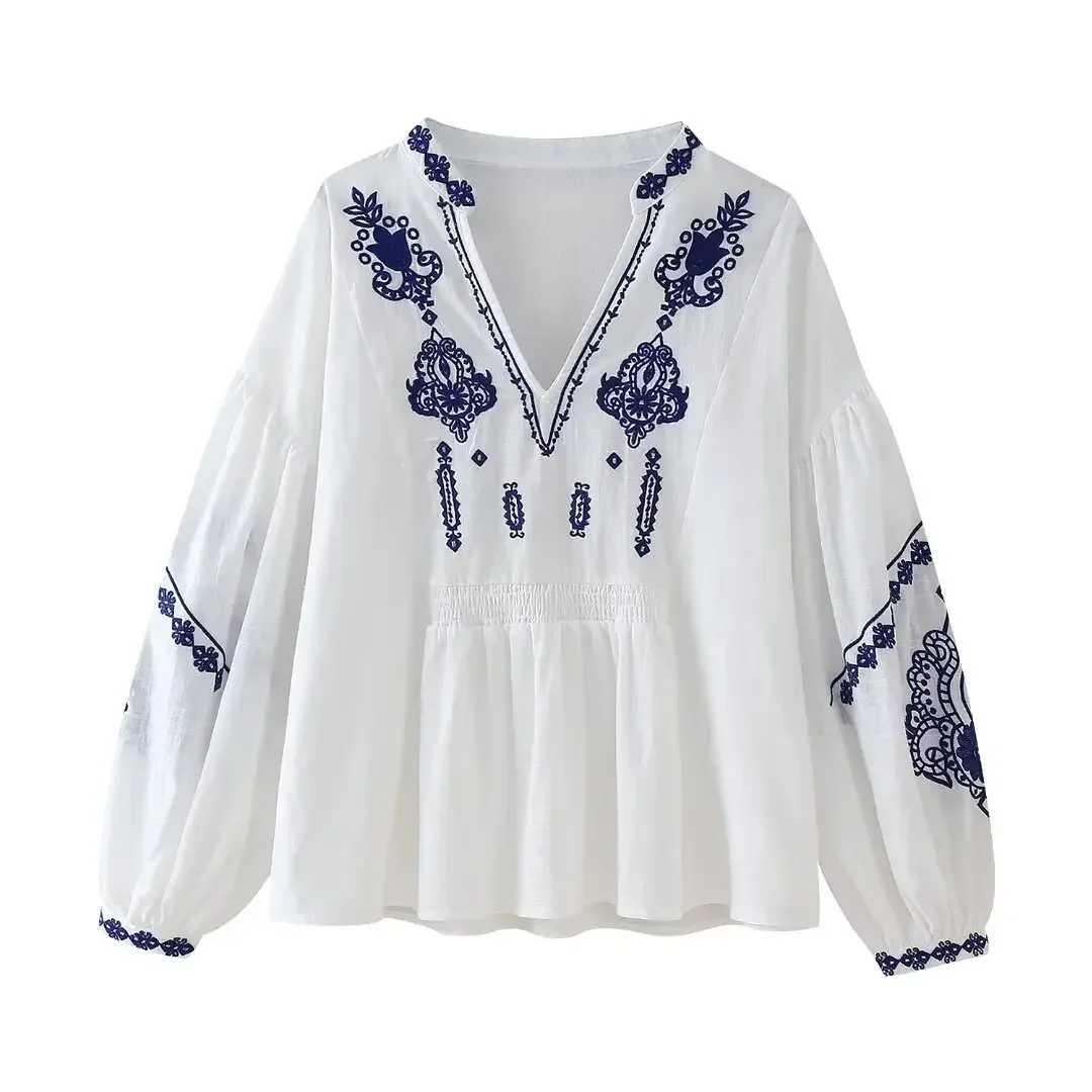 Women's new fashion embroidery decoration loose V Neck shirt pleated women's shirt retro long sleeved women's shirt chic top